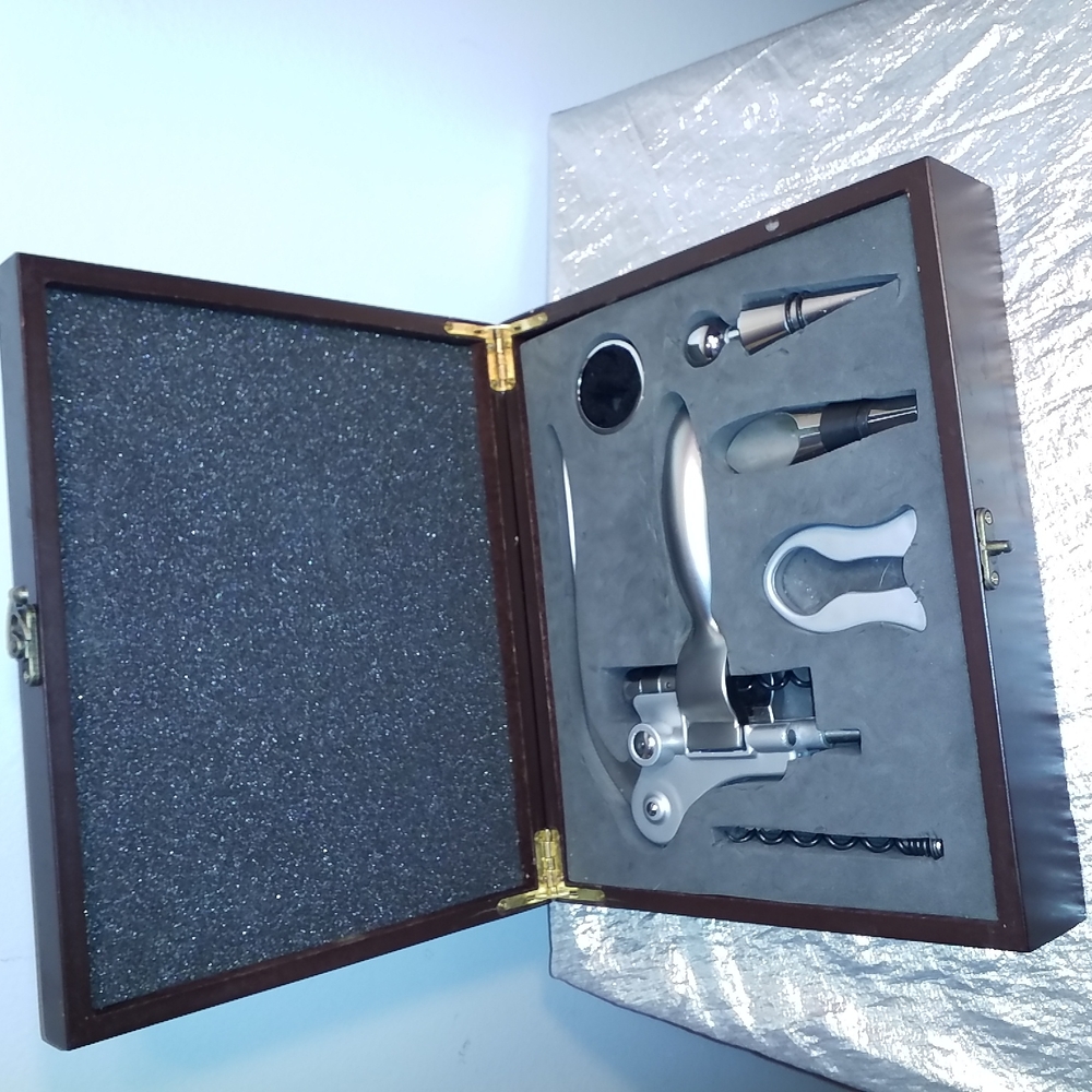 WINE OPENER SET Wood Box 6 piece Deluxe Gift Set